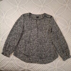 Talbots Women's Large Black White Print Blouse Top Long Sleeve Button Front